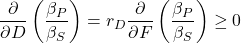 \[\frac{\partial }{\partial D}\left(\frac{\beta_P}{\beta_S} \right)=r_D\frac{\partial }{\partial F}\left(\frac{\beta_P}{\beta_S} \right)\ge 0\]